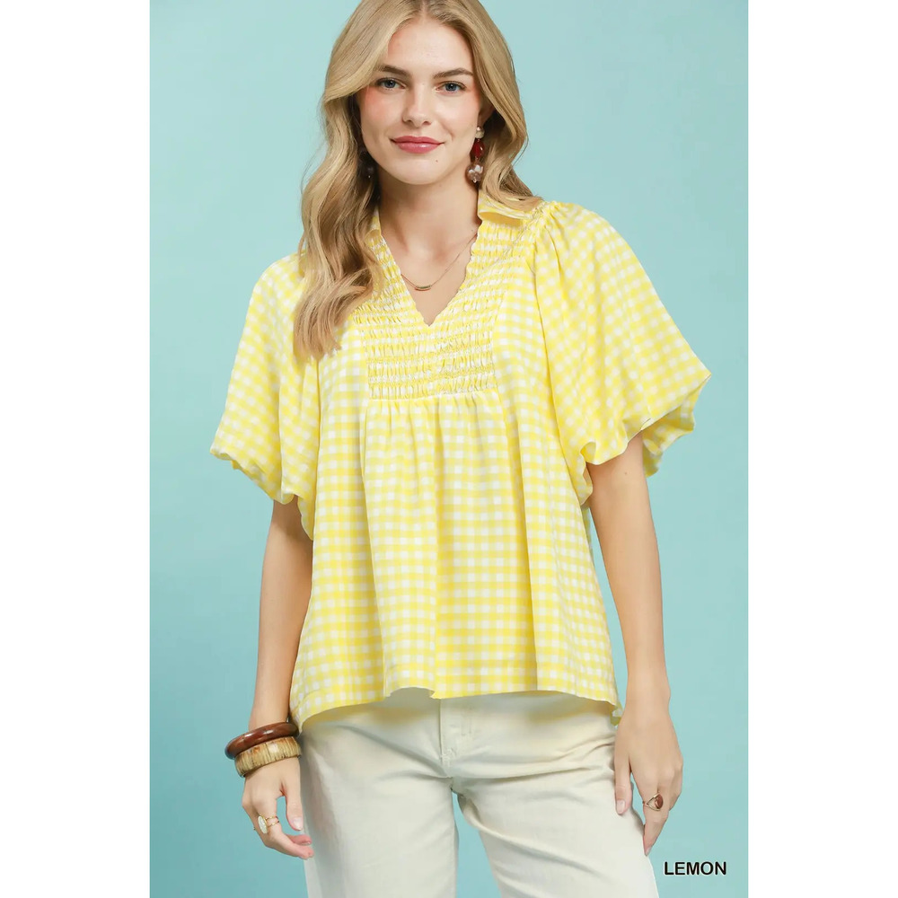 Umgee Smocked Yoke Puff Sleeve Gingham Blouse